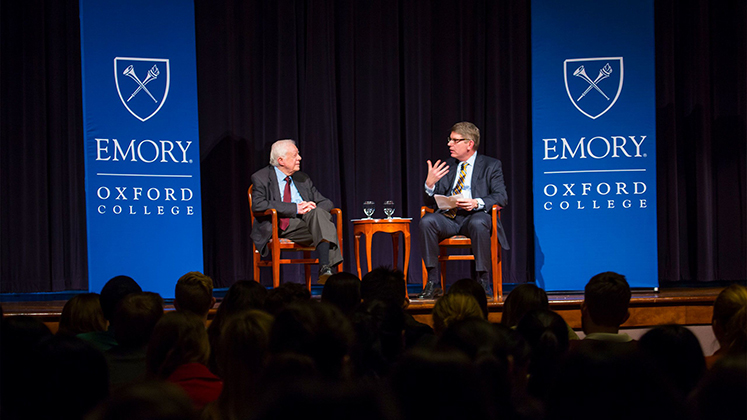 President Jimmy Carter discusses leadership with Oxford College Dean Douglas A. Hicks.