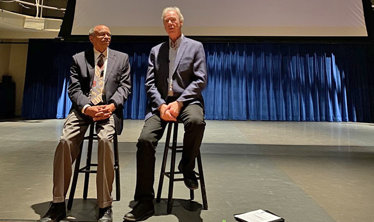 Left, Luther E. Smith Jr., Emory Candler School of Theology Professor Emeritus of Church and Community, and filmmaker Martin Doblmeier talk about the film 'Backs Against the Wall: The Howard Thurman Story' after the screening at Williams Hall.  