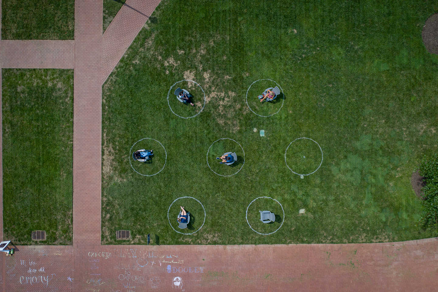 Overhead view of students on quad