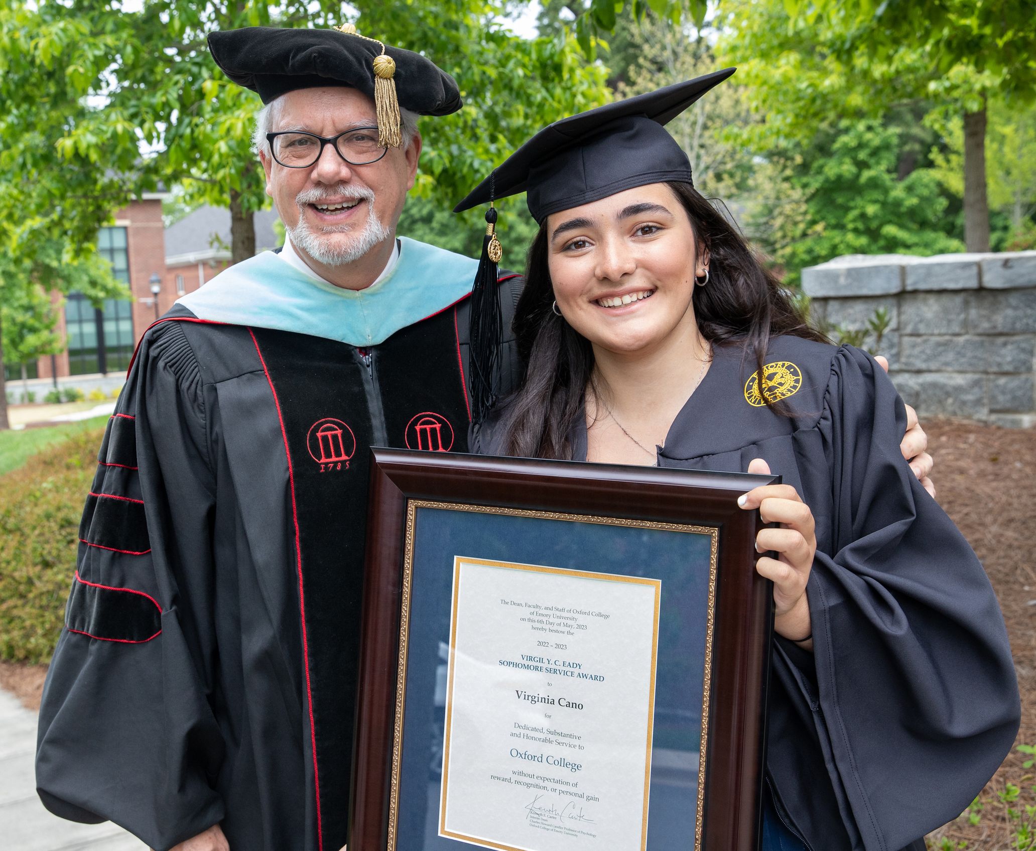 Eady Service Award recipient, Virginia Cano, with Dean of Campus Life Dr. Joe Moon.