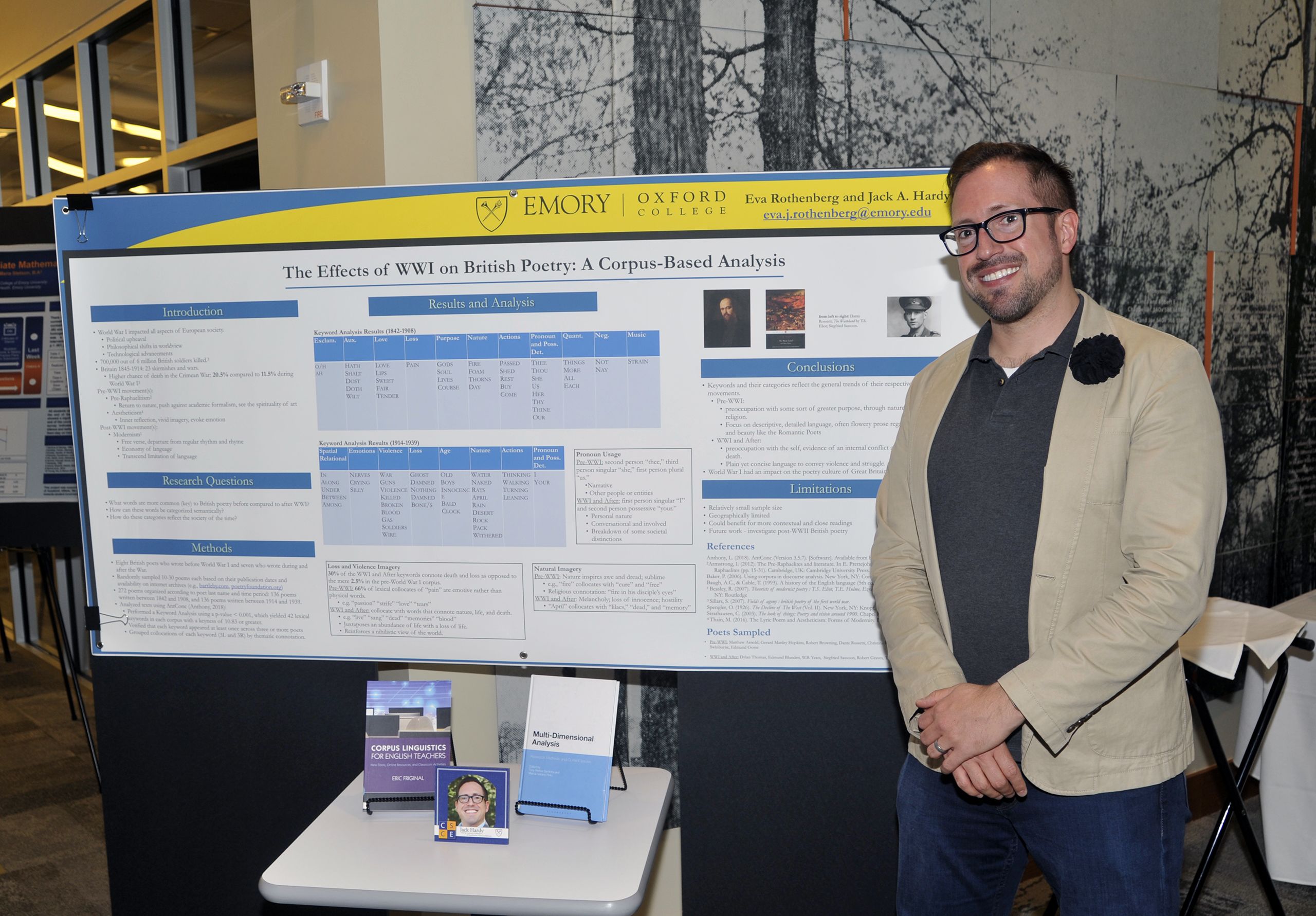 Jack Hardy, Visiting Assistant Professor of Quantitative Theory and Methods, with his conference poster: The effects of WWI on British poetry: A corpus-based analysis.