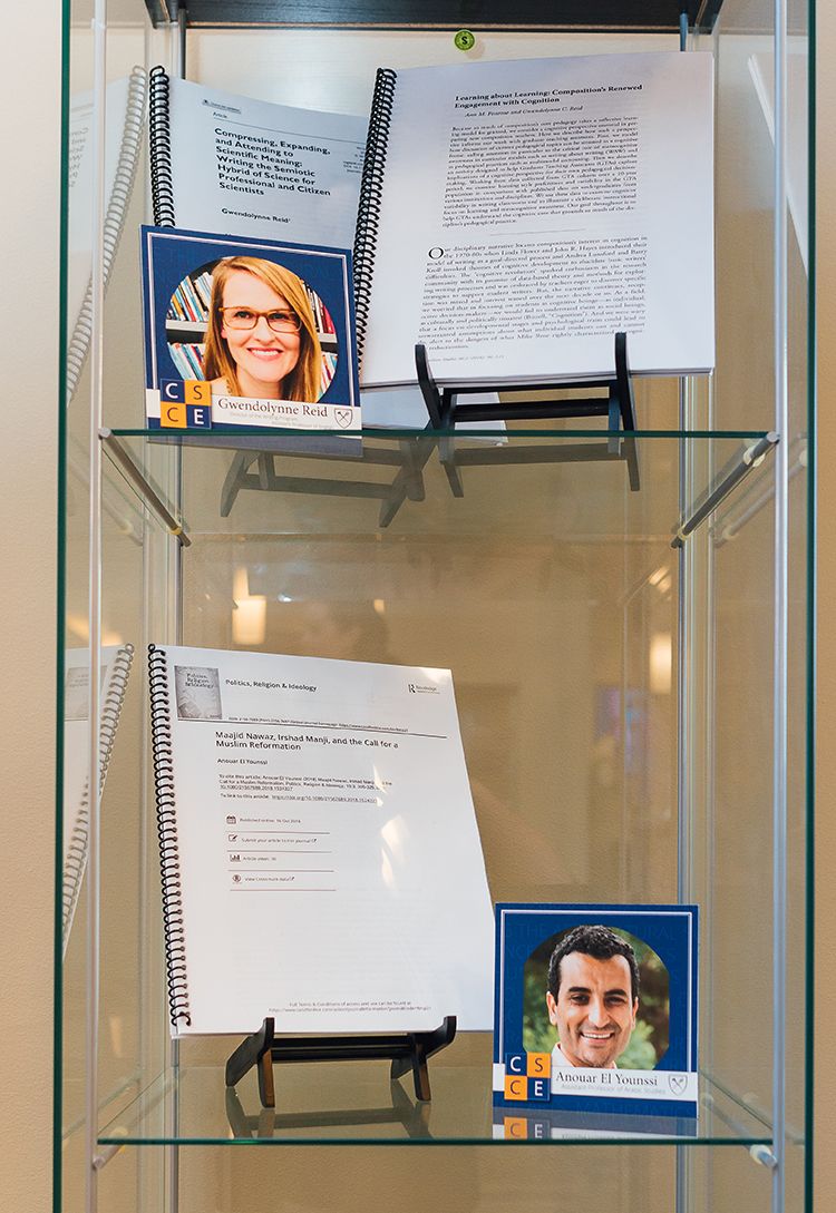 The showcase includes published books, journal articles, art, and presentations highlighting language, literature, math, social history, religion, and other research.