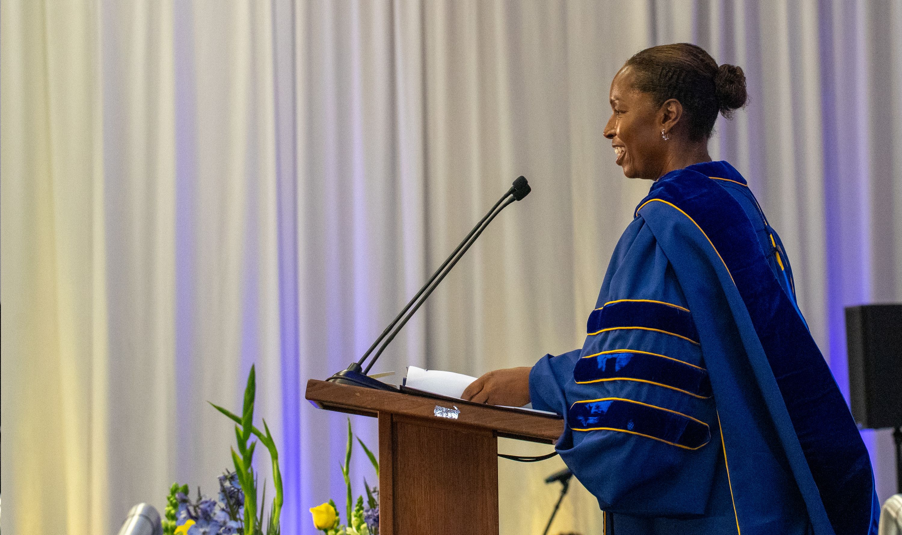 Oxford College Dean Badia Ahad welcomes new students during Convocation.