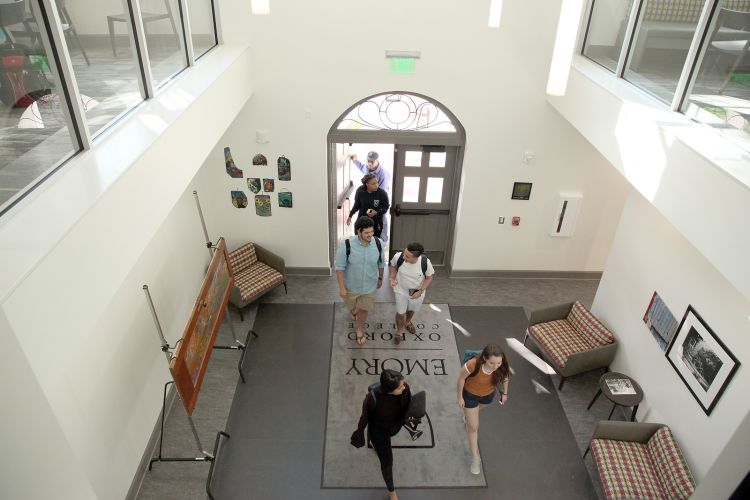 Looking out over the first floor entrance of Pierce Hall.